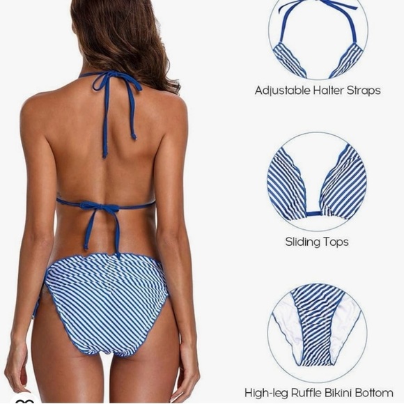 UPF50+ Sun Protection Bikini Blue White Striped Ruffle Large - Picture 3 of 8